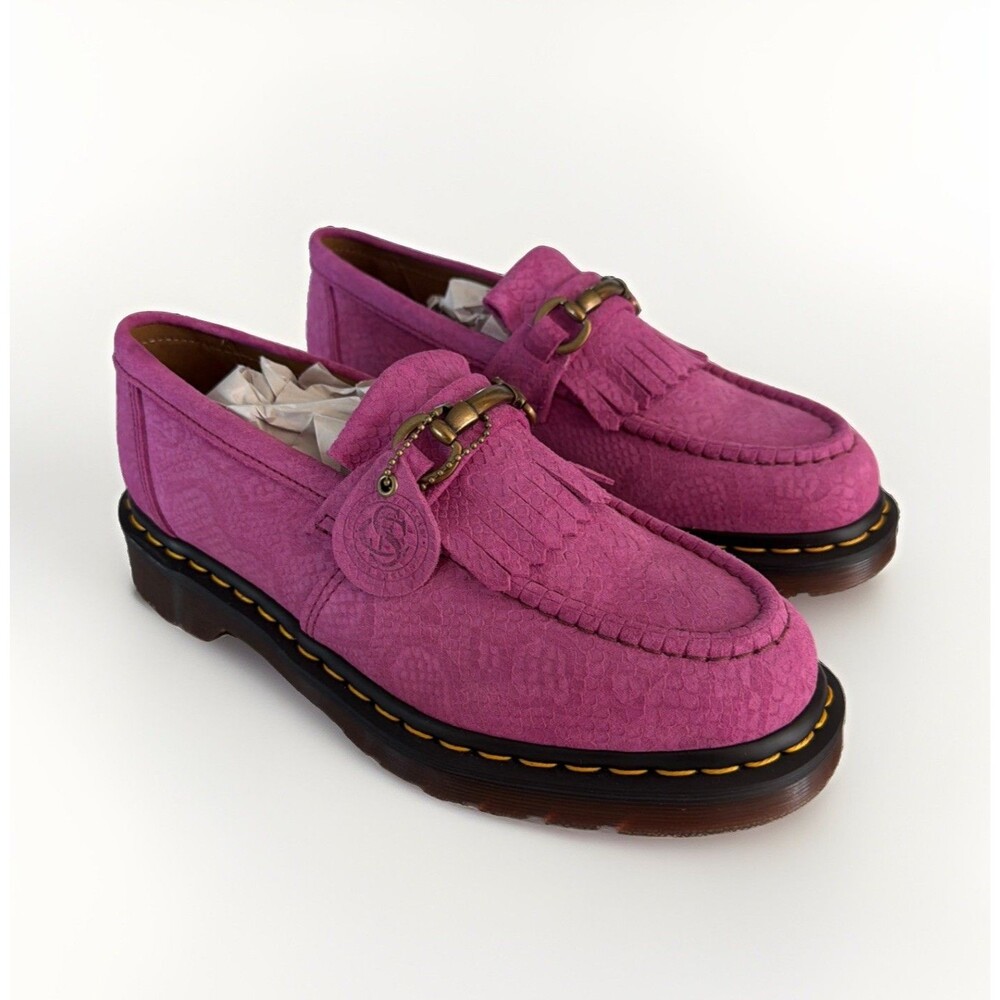 New Dr. Martens Adrian Snaffle Repello Emboss Suede Kiltie Loafers Pink